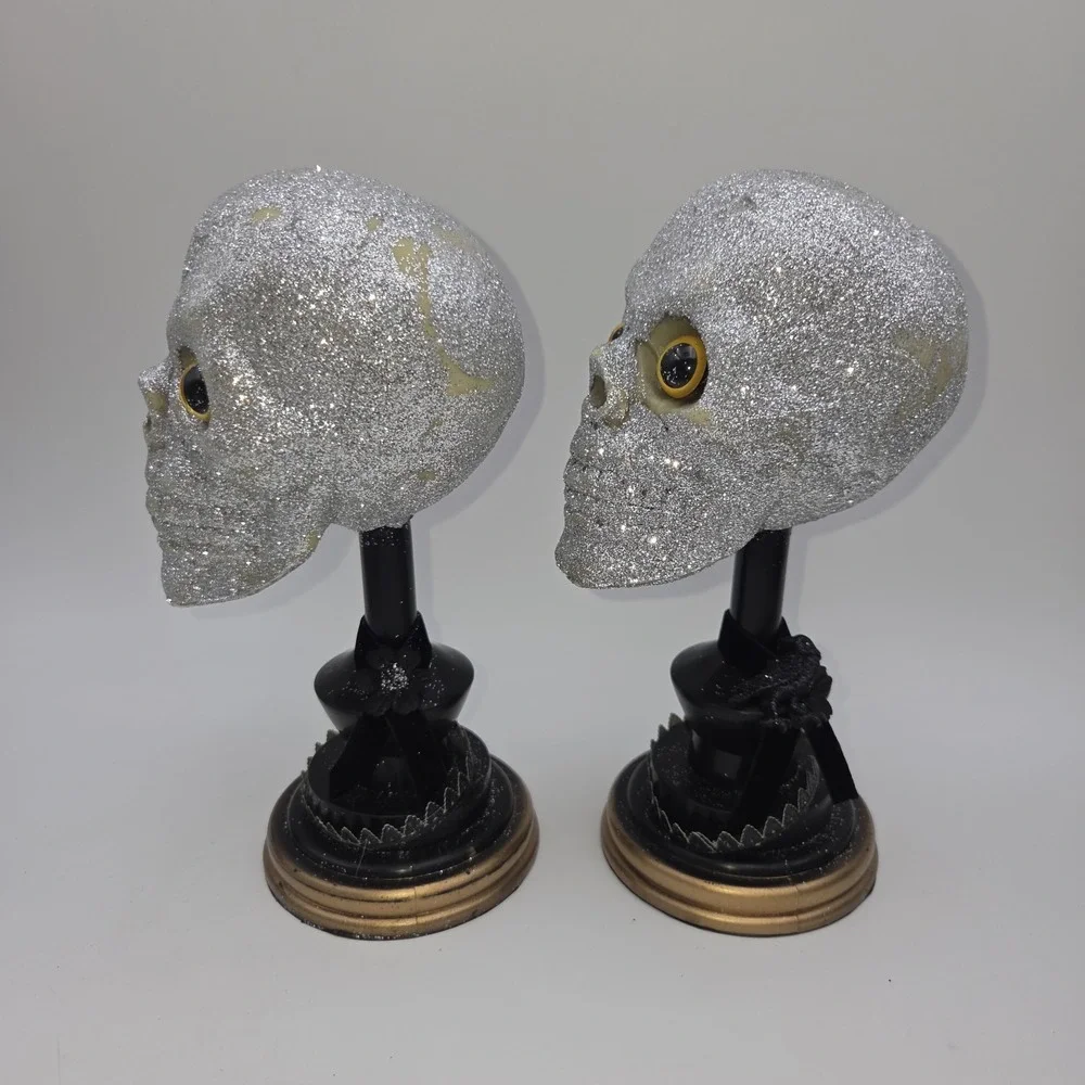 Vintage Lots of 2 Glitter Skull Head Blow Mold w/ stand Prop Halloween Decor